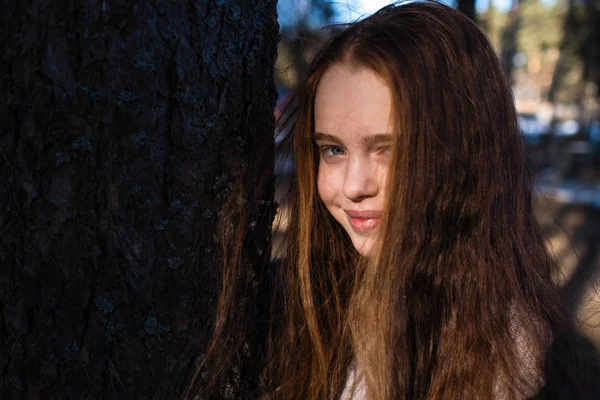 Portrait Little Girl Long Red Hair Pine Park — Stock fotografie