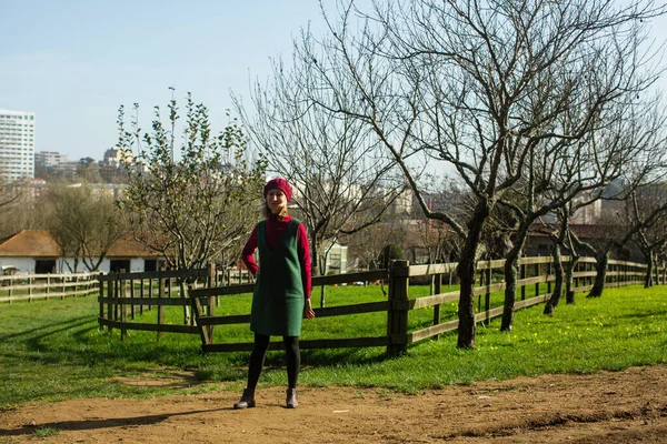 Una Mujer Parque Con Corrales Madera —  Fotos de Stock