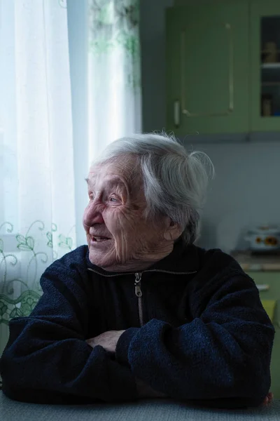 Lonely Old Woman Sitting Window His House — Stock Photo, Image