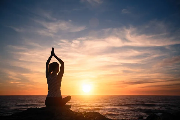 Silhouette Meditation Woman Practicing Yoga Beach Red Sunset Stock Photo