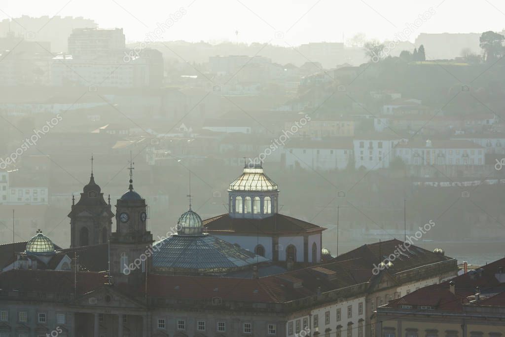 Buildings in the downtown in the background light. Porto, Portugal.