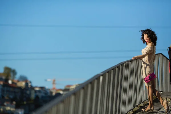 Schöne Asiatische Mischlingshündin Auf Einer Straße Der Altstadt Von Porto — Stockfoto