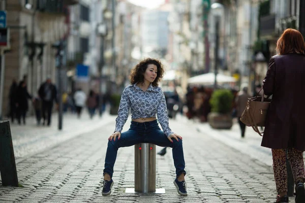 Young Asian Mixed Race Woman Posing Catarina Street Porto Portugal — Stock Photo, Image