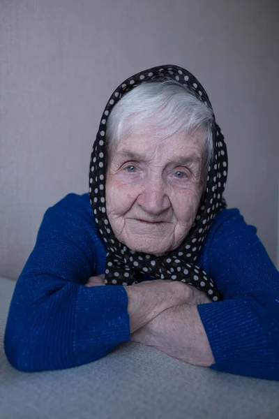 Close Portrait Old Woman Scarf Her Head Granny — Stock Photo, Image
