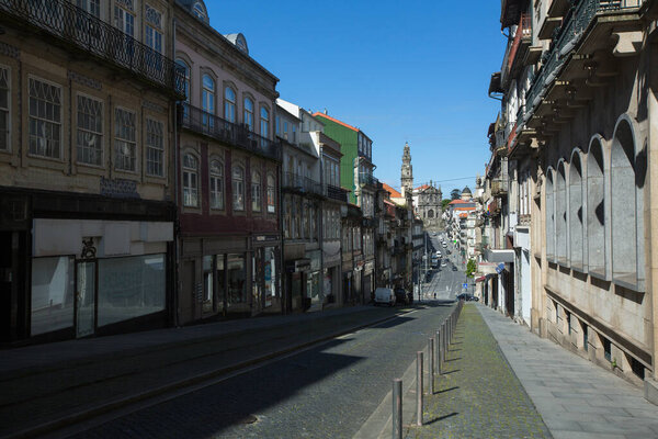 PORTO, PORTUGAL - APRIL 28, 2020: Empty streets Porto downtown during the Coronavirus Pandemic. The Portuguese Parliament extended the state of emergency until May 2, 2020 year.