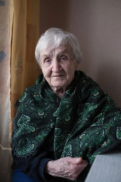 Elderly Old Woman Portrait Window House Granny — Stock Photo, Image