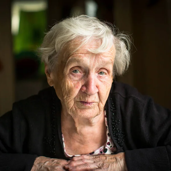 Close Portrait Old Woman Sitting Her Home — Stock Photo, Image