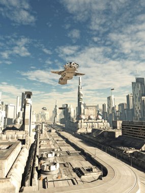 Future City Street with Space Cruiser Overhead clipart