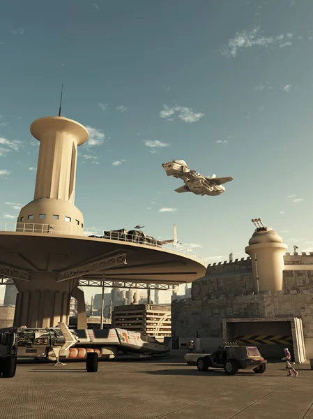 未来都市の宇宙港に着陸宇宙船 — ストック写真