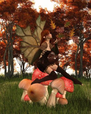 Sonbahar peri bir sonbahar Woodland mantarı üzerinde yapraklı kanatlı