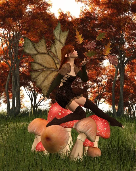 Autumn Fairy with Leafy Wings on an Autumn Woodland Toadstool