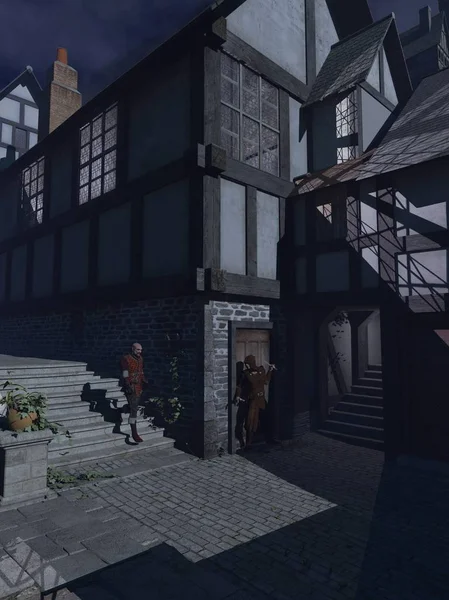 Mondschein-Hinterhalt in einer mittelalterlichen Straße — Stockfoto