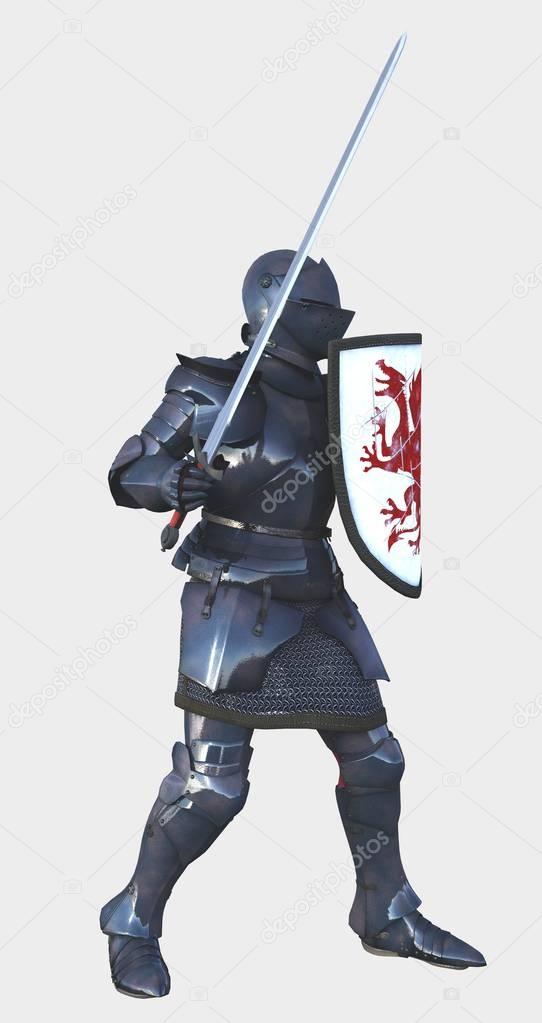 Medieval Knight with Red Dragon Shield - side view