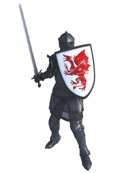 Caballero medieval con escudo de dragón rojo — Foto de Stock