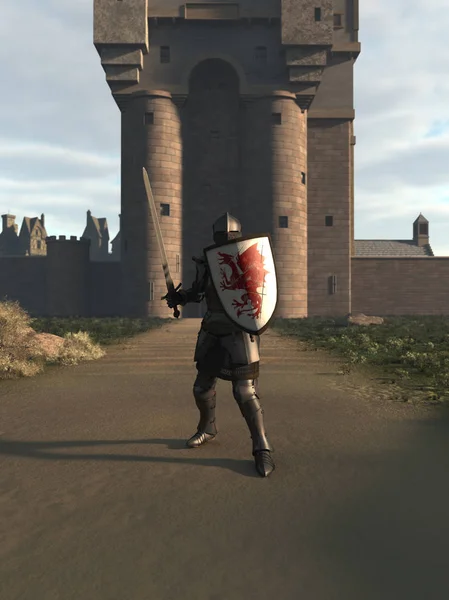 Średniowieczny rycerz, broniąc Gatehouse — Zdjęcie stockowe