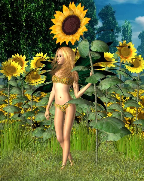 Sunflower Fairy, z tle lato — Zdjęcie stockowe