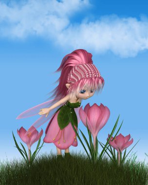 Sevimli çizgi pembe Çiğdem peri bir güneşli bahar gününde