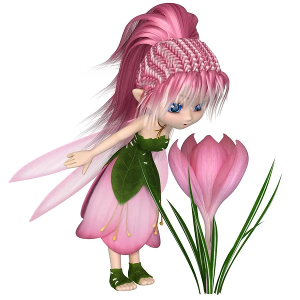 Cute Toon Pink Crocus Fairy, Standing by a Flower — Stock Photo, Image