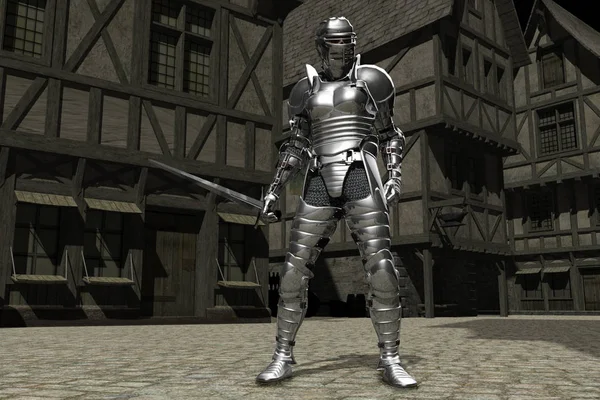 Knight in Medieval City Street — Stock Photo, Image