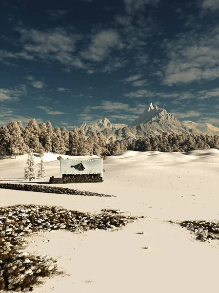 Oude stenen huisje in een berglandschap van Snowy Winter — Stockfoto
