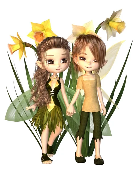 Bonito Toon Daffodil Fairy Boy and Girl — Fotografia de Stock