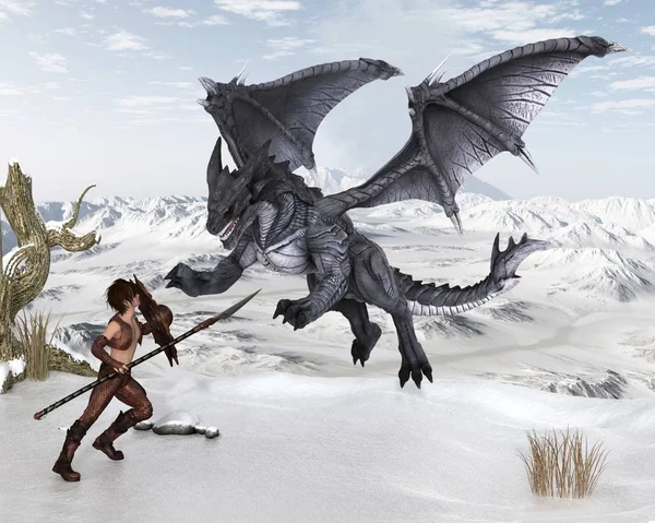 Dragon Guerrier Garçon Combattre un dragon dans la neige — Photo