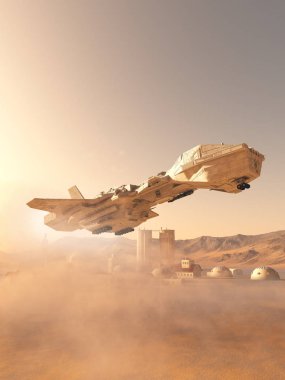 Dusty Landing at Mars Colonial Outpost Town clipart