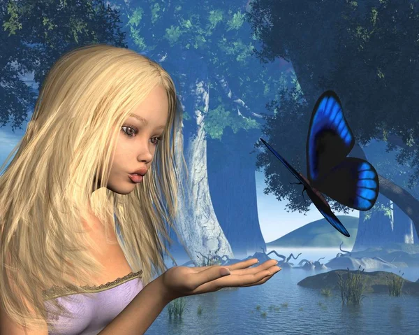 Mavi kelebek ve su perisi — Stok fotoğraf