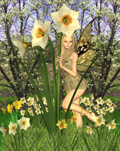 Daffodil Fairy with Spring Background — Stock Photo, Image