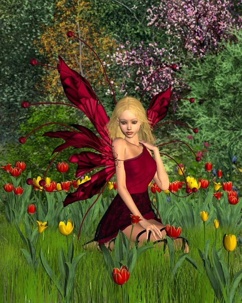 Tulip Fairy med våren bakgrund — Stockfoto