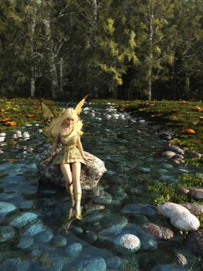 Pretty Blonde Fairy Paddling in a Forest Stream clipart