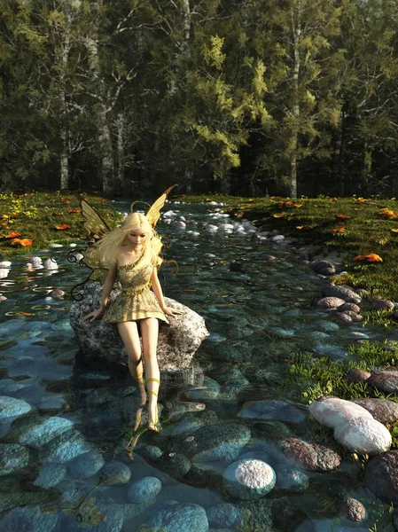 Pretty Blonde Fairy Paddling in a Forest Stream — Stock Photo, Image