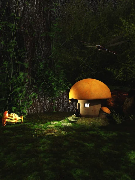 Gnome Toadstool House na floresta à noite — Fotografia de Stock