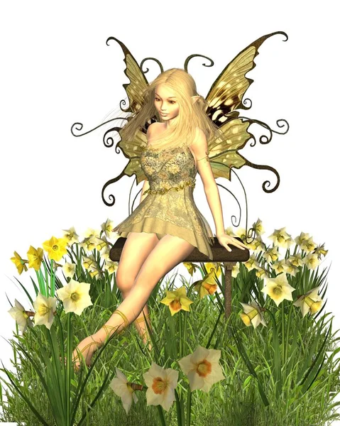 Daffodil Fairy Sitting on a Bench — Stock Photo, Image