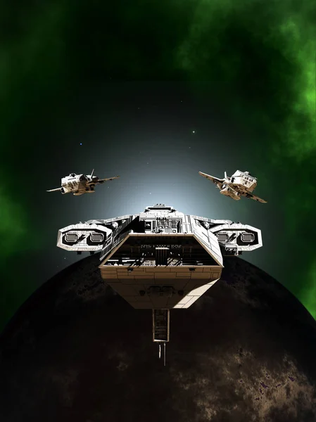 Формирование флота глубокого космоса, проходящего через темную планету — стоковое фото
