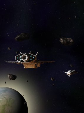 Spaceships Travelling Through an Asteroid Field Above a Blue Green Planet clipart