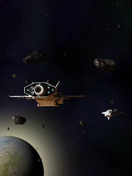 Navi spaziali che viaggiano attraverso un campo di asteroidi sopra un pianeta verde blu — Foto Stock
