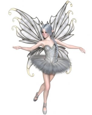 Fantezi illüstrasyon balerin kış yumuşak beyaz tutu gümüş kanatlı 3d dijital olarak işlenmiş illüstrasyon