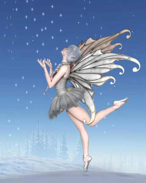 梦幻插图的芭蕾舞演员冬季仙女与银色的翅膀和白色的芭蕾舞短裙在冬天的风景中跳舞 数字渲染插图 — 图库照片