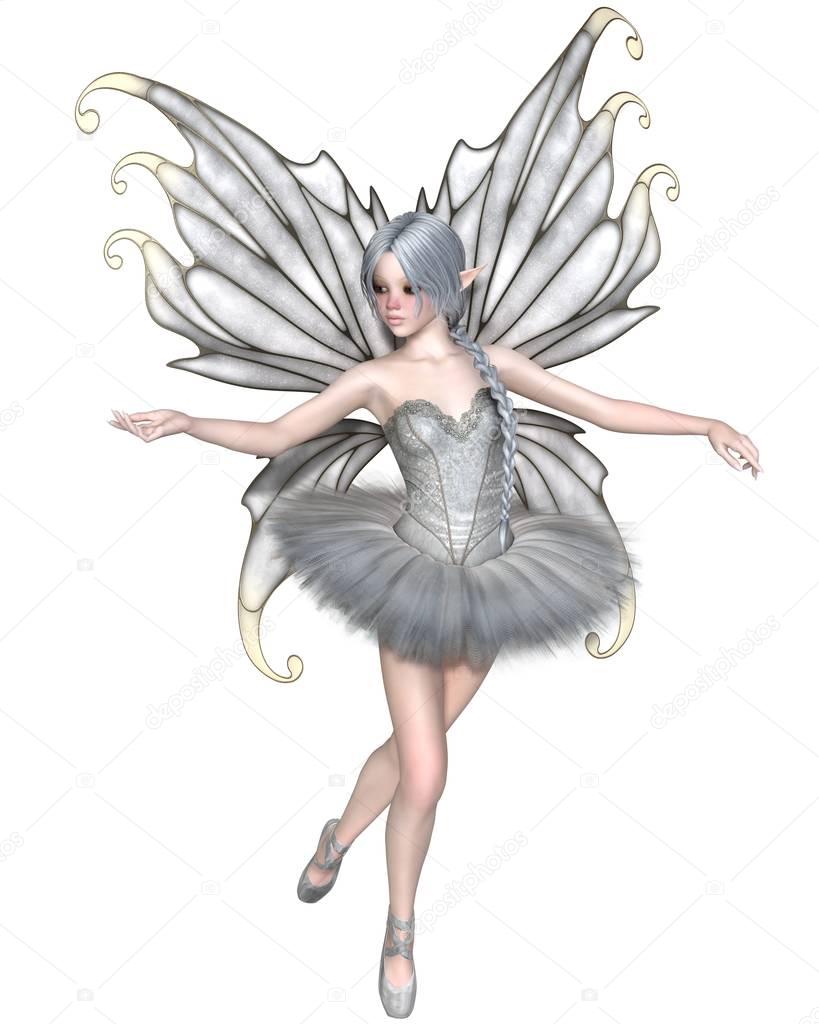 Fantasy illustration of a Ballerina Winter Fairy with silver wings in a white tutu, 3d digitally rendered illustration