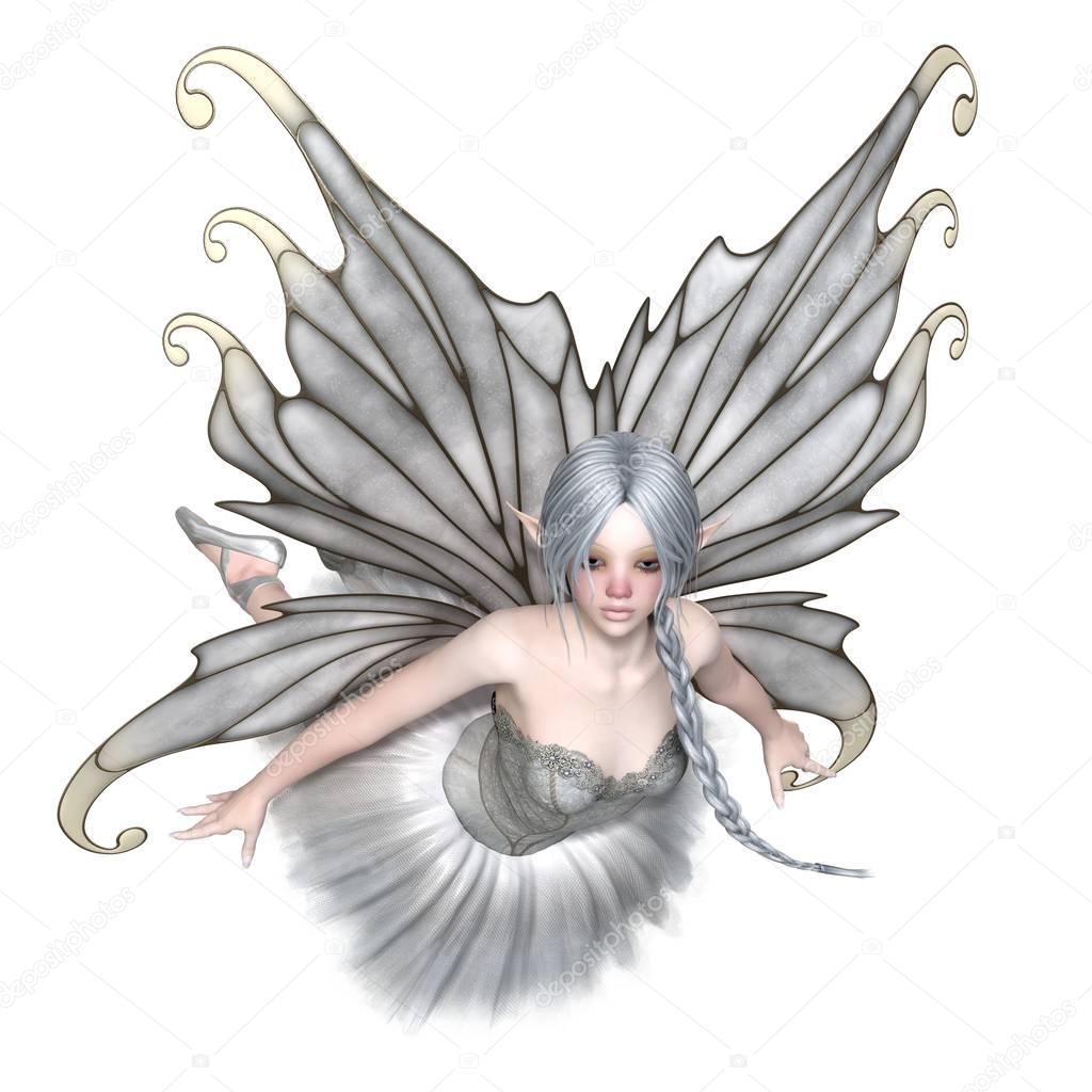 Fantasy illustration of a flying Ballerina Winter Fairy with silver wings and a white tutu, 3d digitally rendered illustration