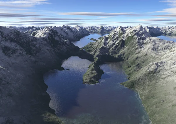 平和な山の湖 晴れた日に平和的な氷河の山湖 デジタル表示図 — ストック写真