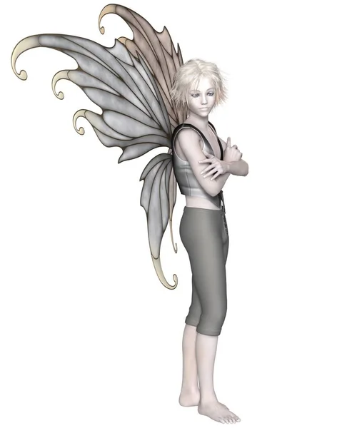 一个银色翅膀的冬天童话男孩的幻想插图 数字渲染插图 — 图库照片