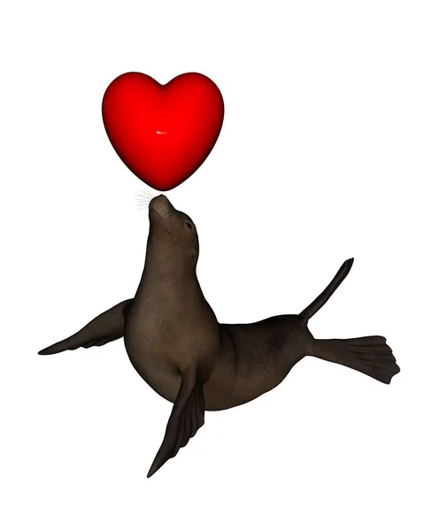 Иллюстрация Тюленя Балансирующего Красном Сердце Дня Святого Валентина Цифровая Иллюстрация — стоковое фото