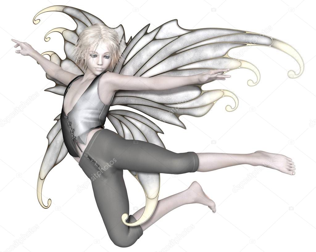 Fantasy illustration of a winter fairy boy with silver wings flying, 3d digitally rendered illustration