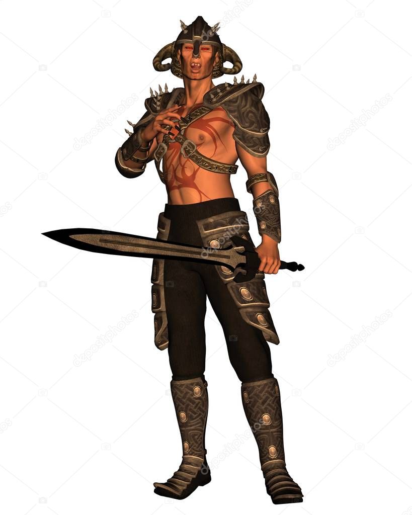 Fantasy illustration of a Demon warrior standing with sword, 3d digitally rendered illustration