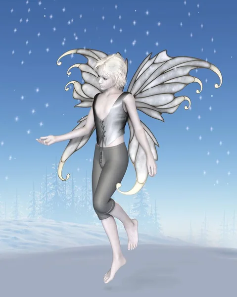 Fantasy Illustration Winter Fairy Boy Silver Wings Sparkling Snowflakes Snowy — Stock Photo, Image