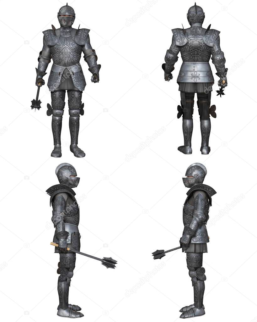 Medieval Knight Fantasy Character Set (Gothic Decorated). Illustration of a Medieval knight wearing 15th century decorated Gothic armour, set of four character views, 3d digitally rendered illustration