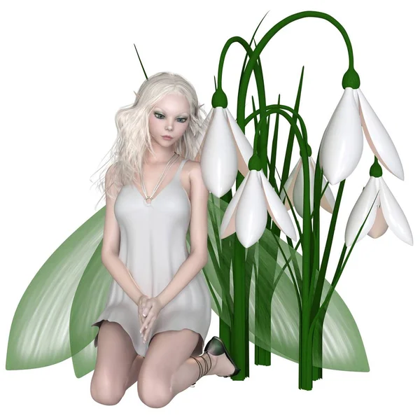 Fantasy Illustration Pretty White Haired Fairy Kneeling Group Snowdrop Flowers — Stock Photo, Image