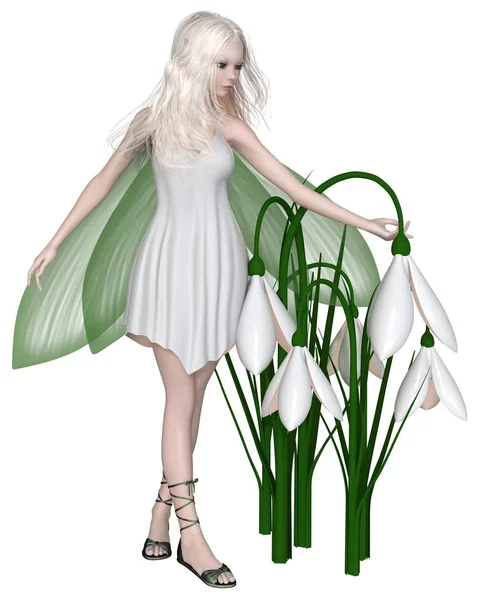 Fantasy Illustration Pretty White Haired Fairy Standing Group Snowdrop Flowers — Stock Photo, Image